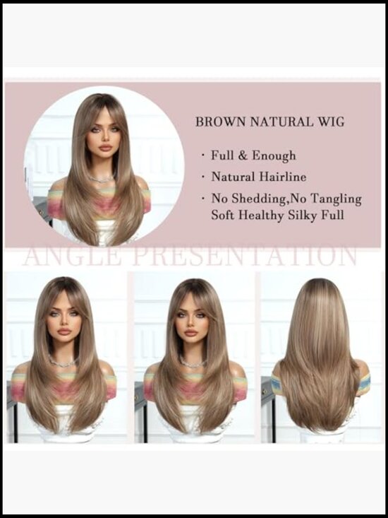 24 inch Straight Wig with Bangs Layered Synthetic Hair Heat Resistant Daily Wear main image 4